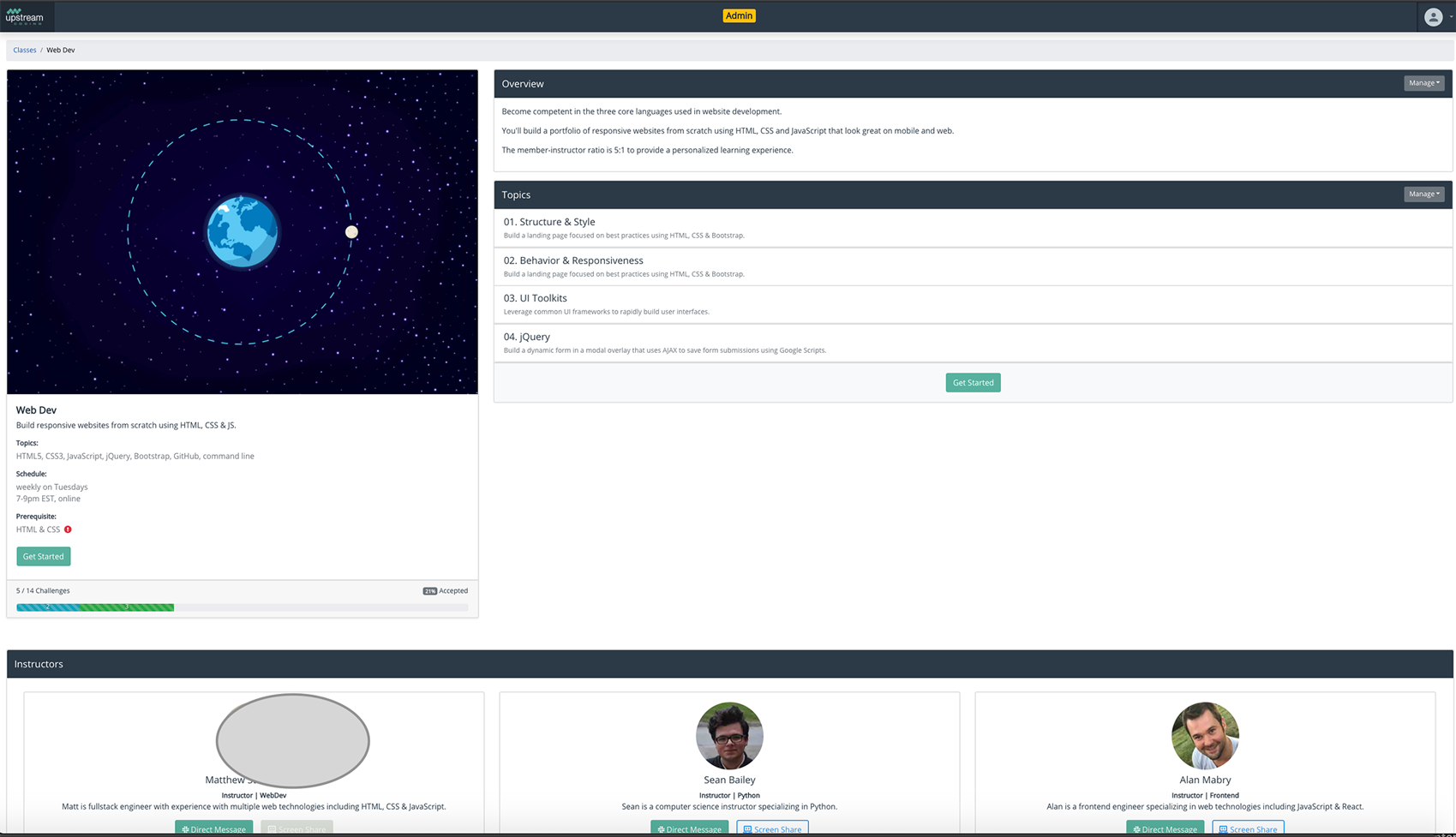 LearningOps class dashboard summarizing standards-based modules