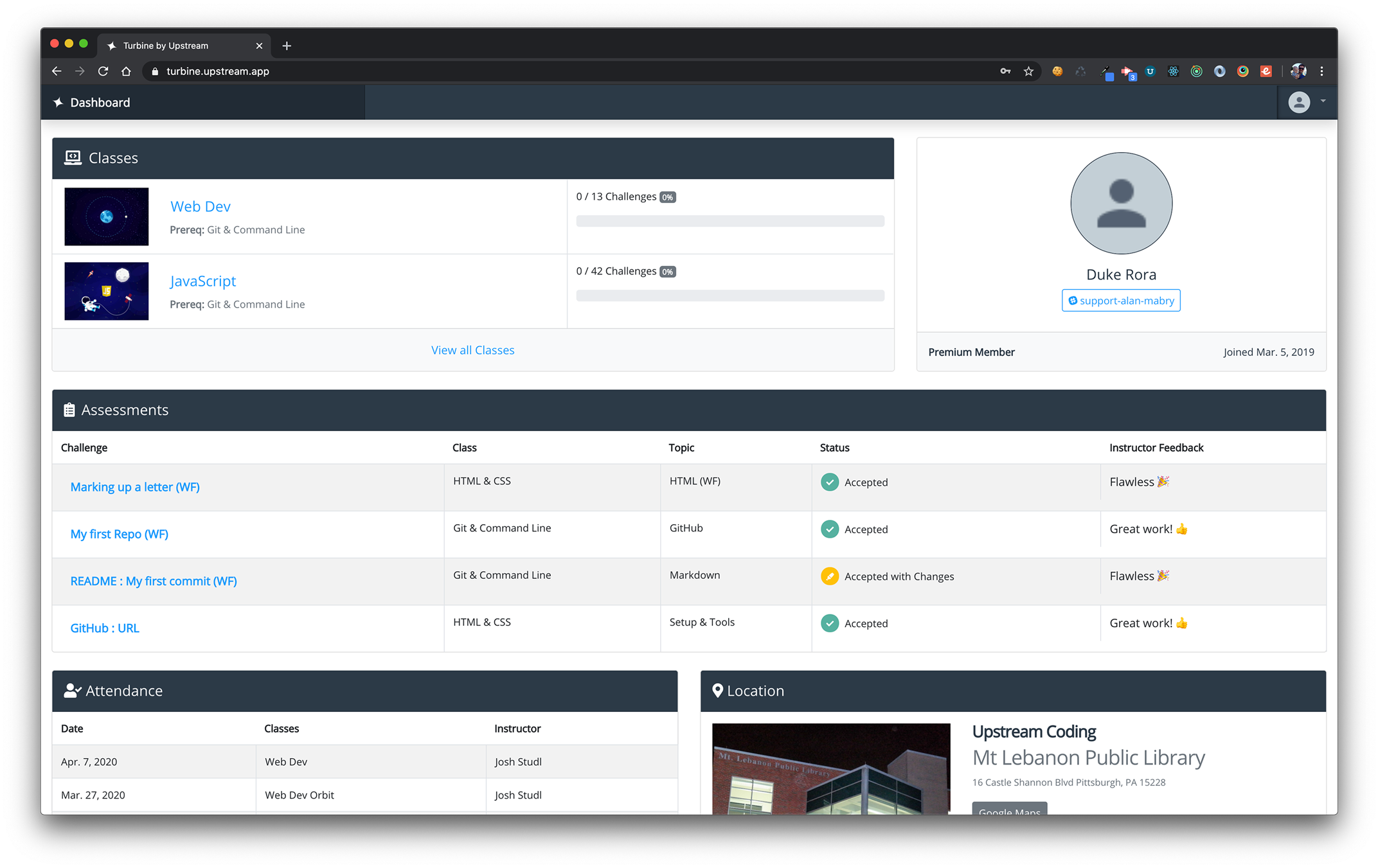 LearningOps dashboard showing class progress, assessments, and attendance locations