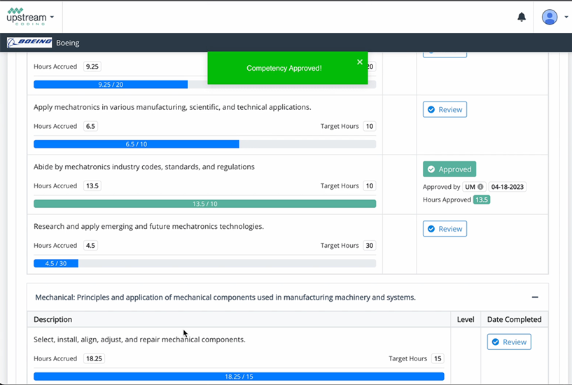 VELA competency approval screen