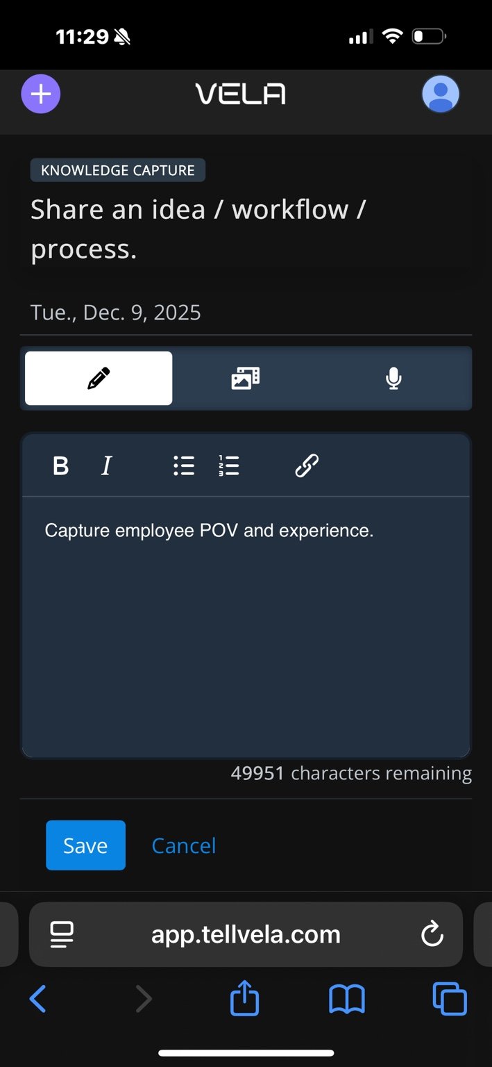 VELA capture stream with structured knowledge and OJT evidence